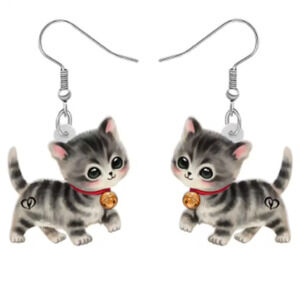 Acrylic Gray Tabby Kitten Dangle Earrings Birthday Christmas Gift Cat Lover